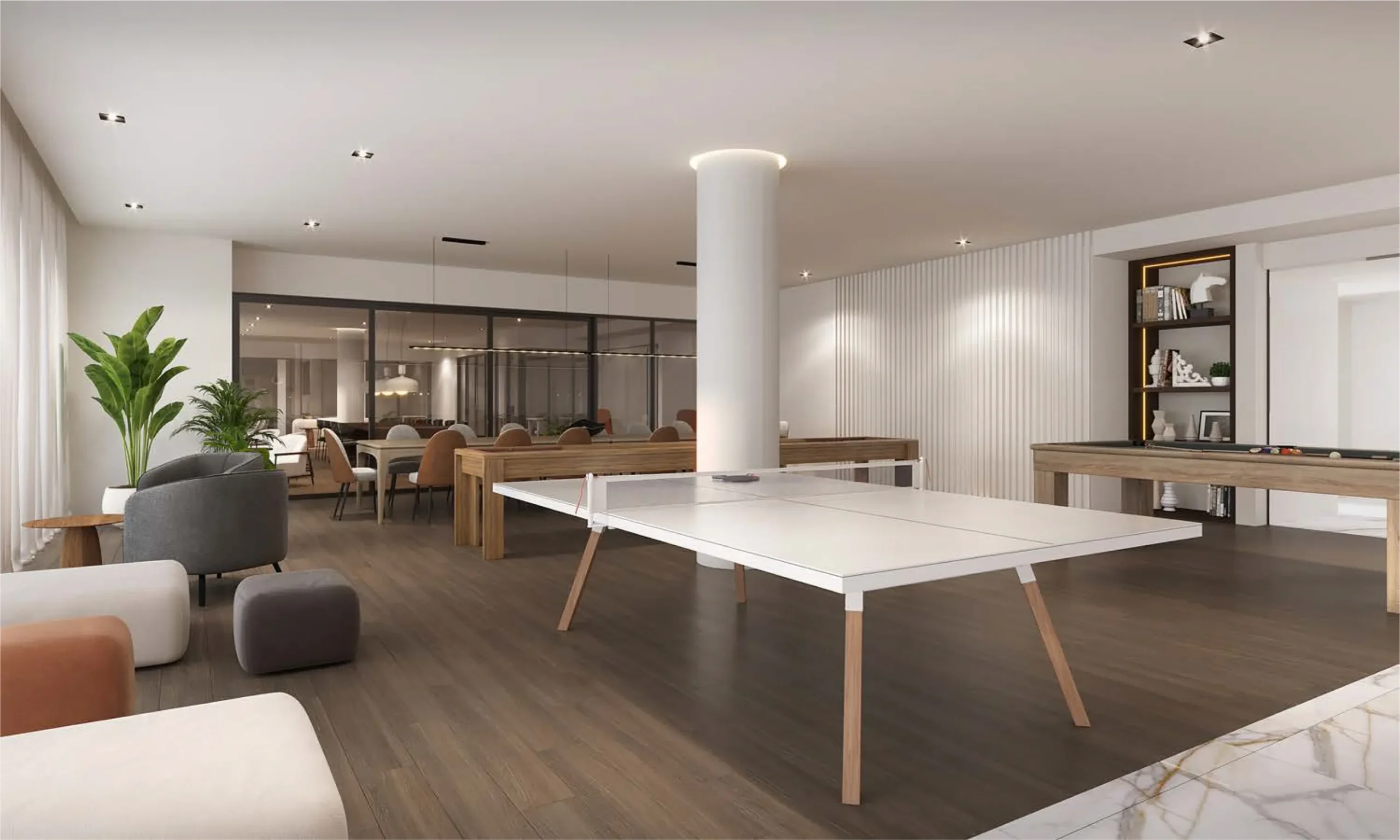 Game room with ping pong table and social spaces